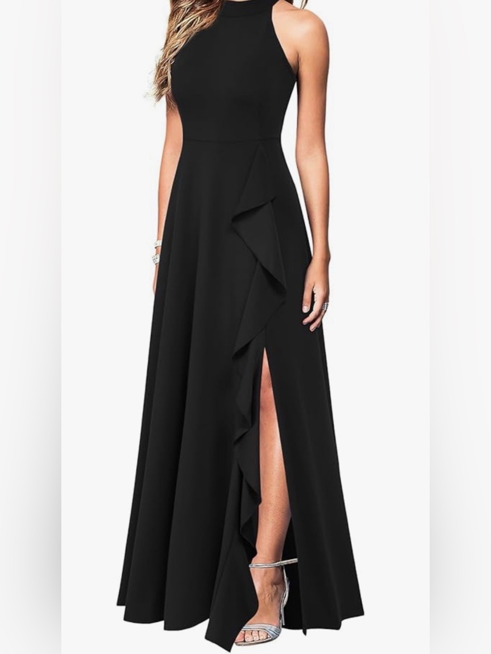 Woosea High Neck Classic Black Halter Ruffle Slit Evening Long  Party Maxi Dress